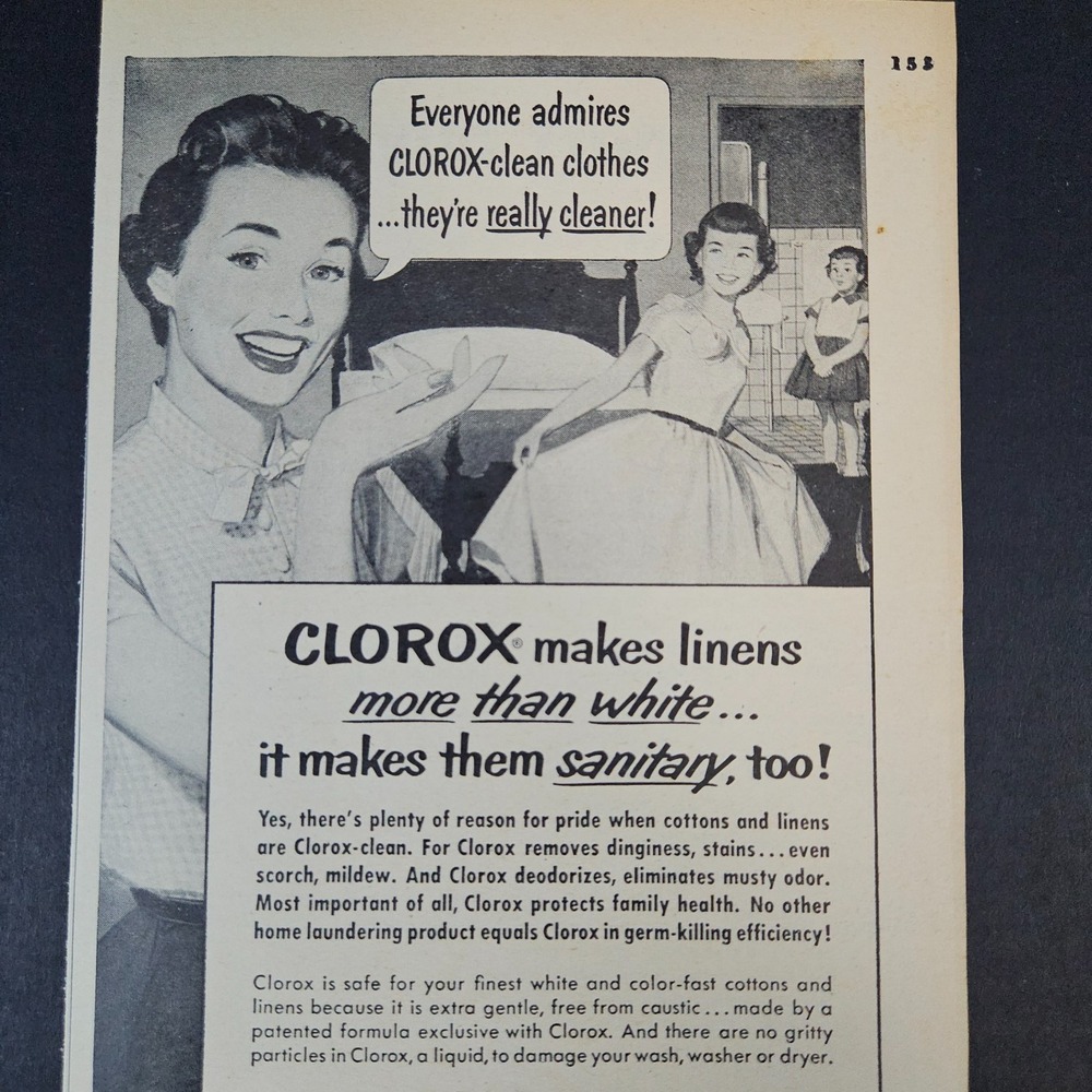 1955 Clorox Anthropomorphic Bottle Bleach‎ Vintage Print Ad Happy Family Bedroom